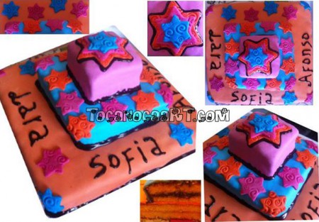 Cobertura em Pasta Portuguesa e recheios de chocolate e caramelo.